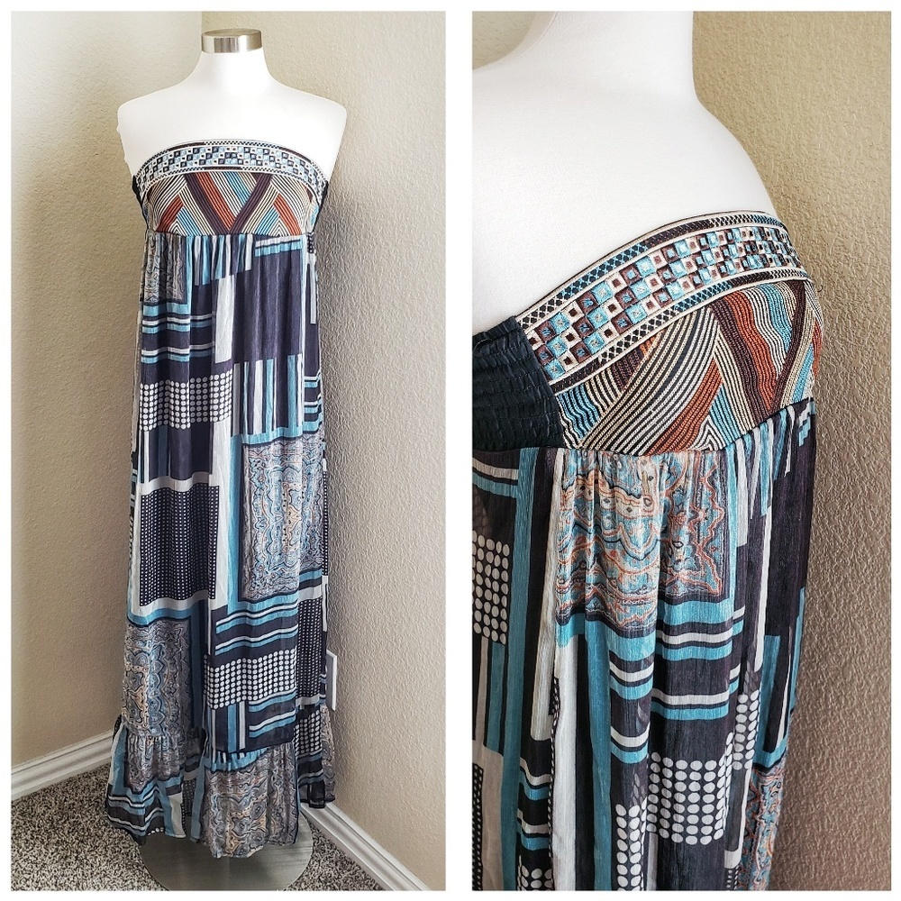 THEME strapless Boho maxi dress Sheer Ruffle Hem Embroidery Size Small